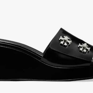 Tory Burch Turnlock Black Patent Slide with Silver Logo Accent